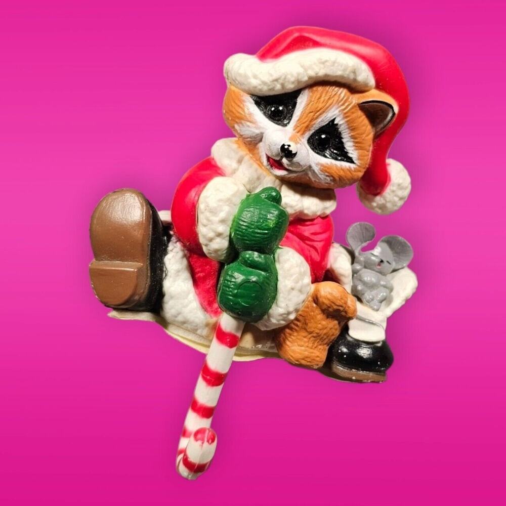 Vintage Raccoon Candy Stick Mouse Figurine Christmas Stocking Hanger Home Decor
